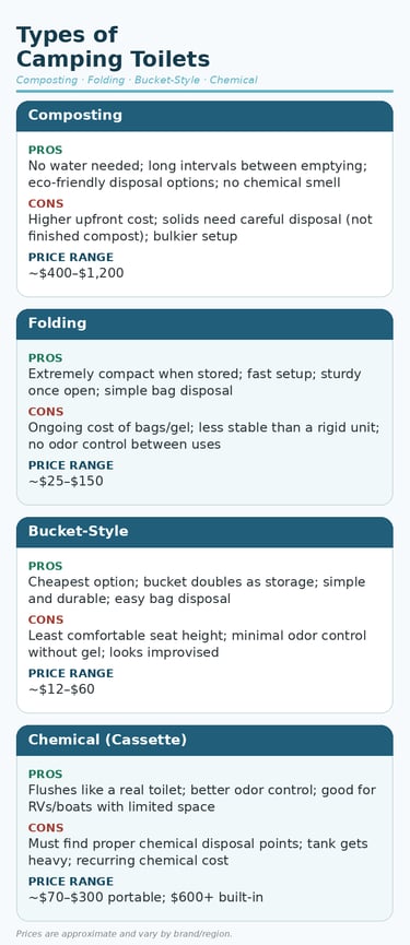 A comparison table detailing the pros and cons of different types of camping toilets.