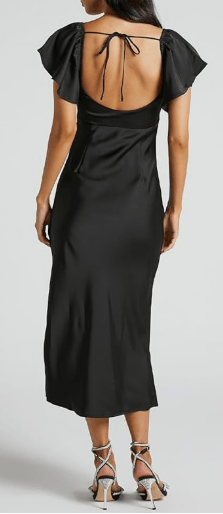 black satin calf length dress with u shape back cut out