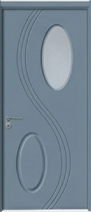 Modern slate gray interior door with an oval glass insert and elegant S-shaped decorative grooves.