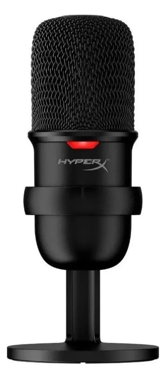 Black HyperX SoloCast USB condenser gaming microphone with red LED status indicator on a desk stand.