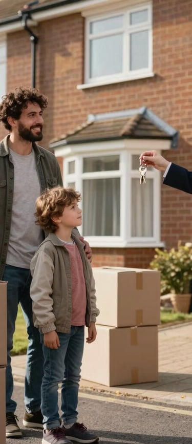 A real estate agent hands house keys to a happy family with moving boxes in front of their new home.