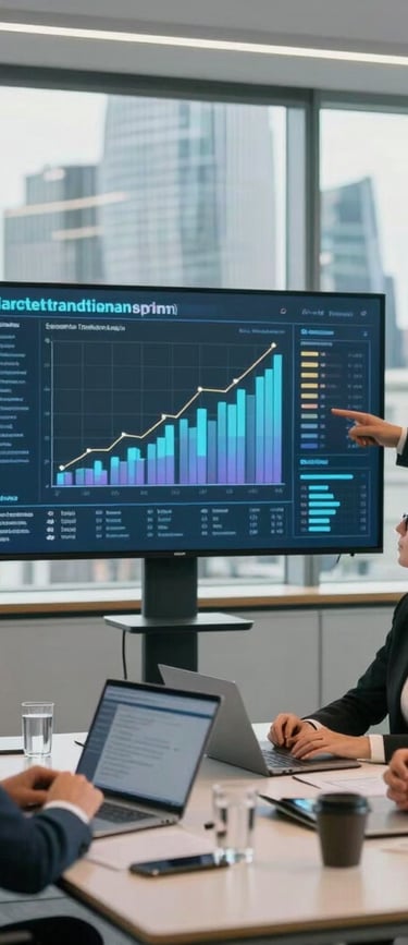 Business professionals reviewing financial data charts on a screen during a corporate boardroom meeting.