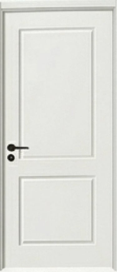 Classic white interior door with two cnc carve two panels and a modern black handle.