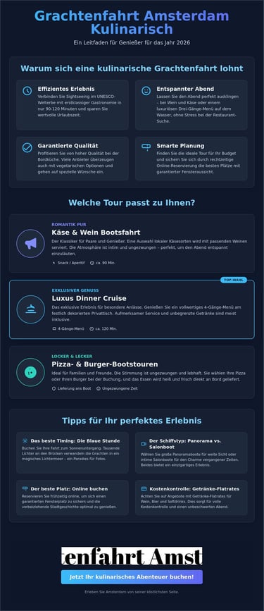 Infographic about culinary canal cruises in Amsterdam featuring cheese, wine, and dinner boat tours.