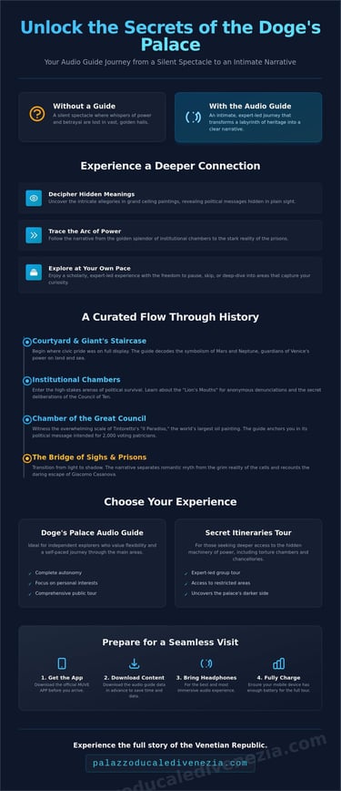 Infographic guide for the Doge's Palace audio tour in Venice featuring the Giant's Staircase and Bridge of Sighs.