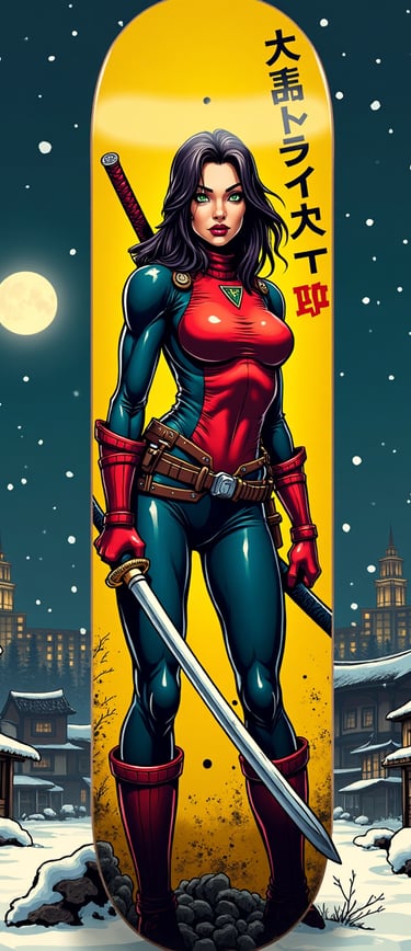 Custom skateboard deck art featuring a female samurai warrior in a snowy Japanese village under a full moon.