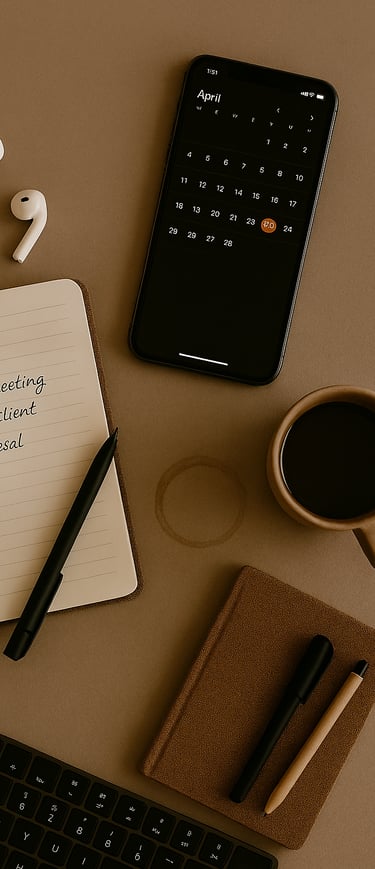 to-do list notebook, smartphone showing a calendar, coffee mug, earbuds, and writing tools arranged