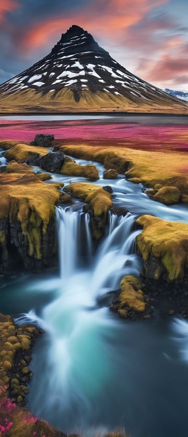 a mountain stream running through a valley with a mountain in the background