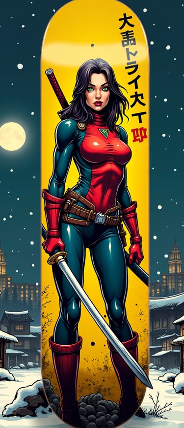 Custom skateboard deck art featuring a female samurai warrior in a snowy Japanese village under a full moon.