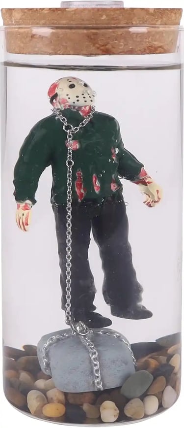 Jason Voorhees horror water lamp glowing with eerie light, inspired by Friday the 13th.