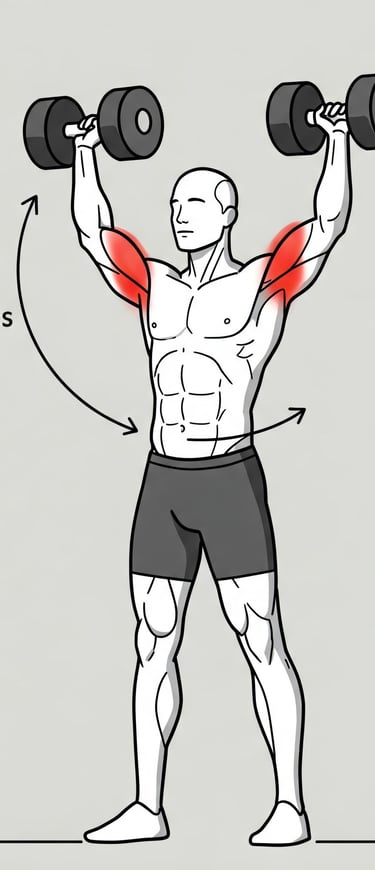 Ilustración lineal en blanco y negro de una persona realizando un press militar con mancuernas