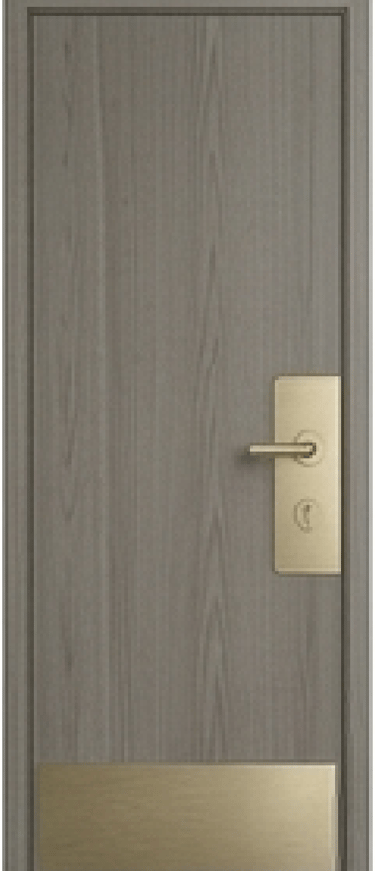 Modern grey wood grain interior door with a brushed gold handle and kick plate.