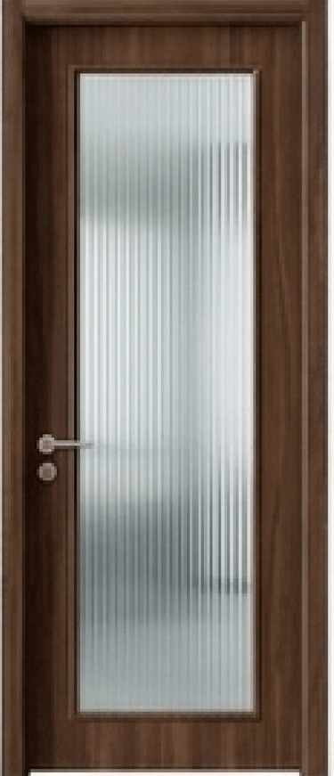 Modern walnut interior door with a large vertical fluted glass panel and silver handle.