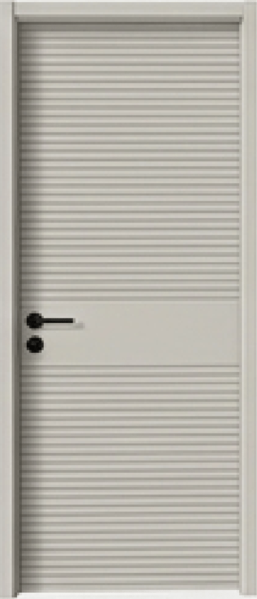Modern grey interior door featuring a horizontal Slatted Painted Door and a sleek black handle.