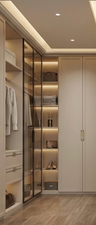 Modern luxury walk-in closet with integrated LED lighting and glass wardrobe doors.