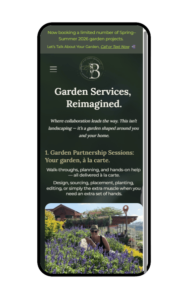 Portfolio showcase of Beasley Gardens website with garden partnership services and seasonal planting