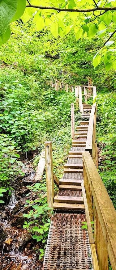 Rock Island Park, TN - grated metal steps lead you down to a mystical waterfall