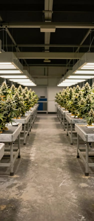 Wide shot looking down the length of a cannabis cultivation facility interior, rows of industrial grow tables receding into the background, overhead fluorescent work lighting casting sharp shadows, no people visible, utilitarian concrete floor, operational scale evident