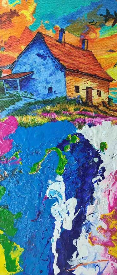 "Colorful round wall art showing nature, birds in sky, and peaceful home-Export-ready"