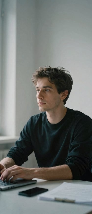 A thoughtful portrait of a male technology analyst in a minimalist workspace, soft diffused natural window light, desaturated cool tones, sharp focus, 35mm film aesthetic