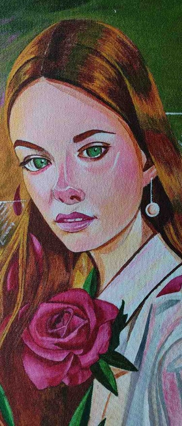 "A stunning portrait of a woman with golden hair, green eyes, and a red rose-Export-ready"