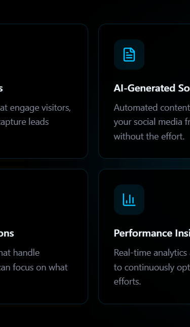 Two-by-two grid of dark cards describing 24/7 Smart Chatbots, AI-Generated Social Posts, Workflow Au