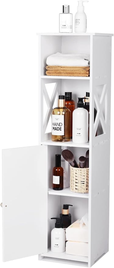 a white cabinet with a shelf with a basket on top