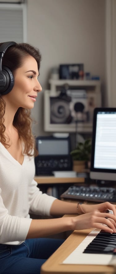 A focused student practicing voice recording in a professional studio setting.
