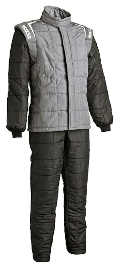 Gray and black Sparco racing suit with quilted fire-retardant fabric for professional motorsport safety.