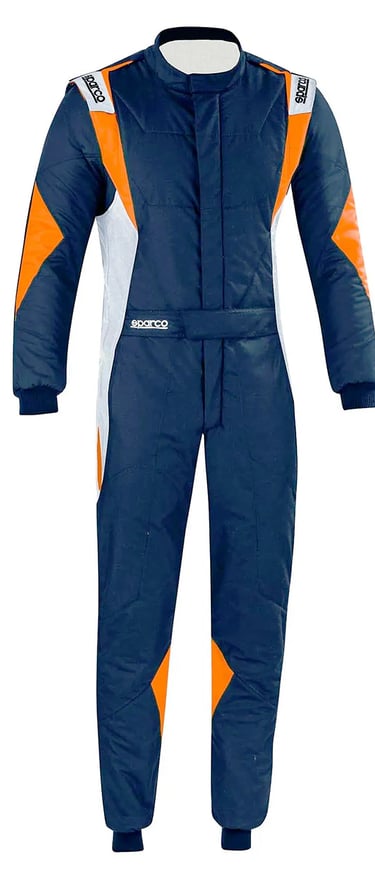 Sparco navy blue and orange professional racing suit with white side panels for driver safety.