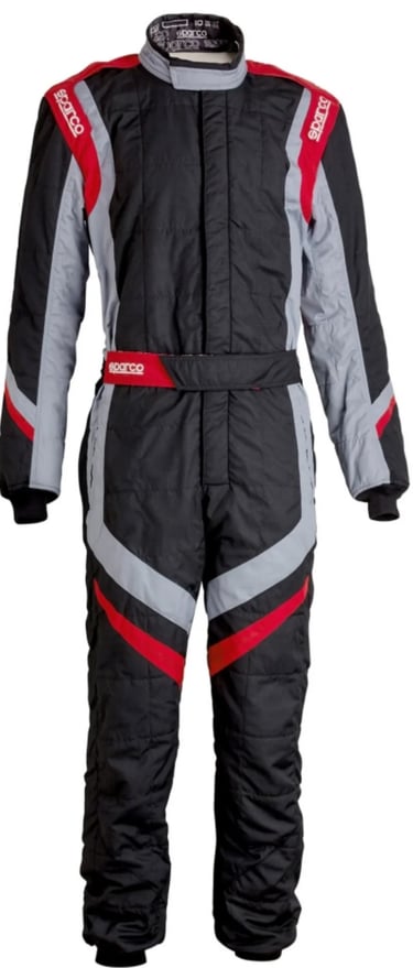 Black Sparco racing suit with red and grey accents for professional driver safety and comfort.