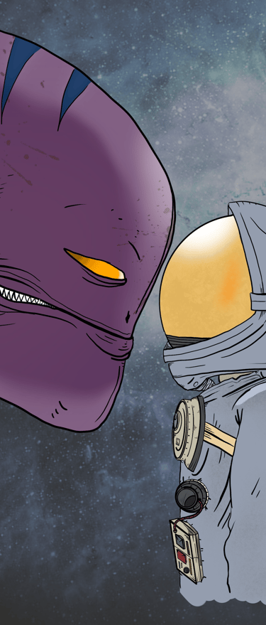 giant growling purple alien and astronaut in a staring contest
