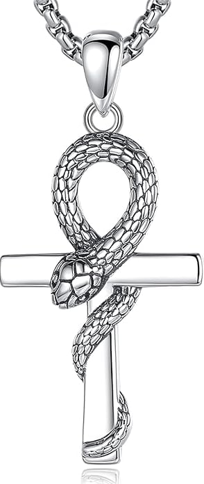 Snake Serpent Ankh Cross Necklace Egyptian Pendant Amulet Necklace in Sterling Silver