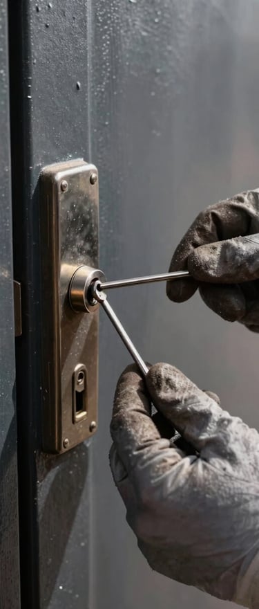 Close-up wide shot of a locksmith's gloved hand inserting a precision pick tool into a heavy residential deadbolt lock mounted on a dark painted metal door, Lanzarote street visible softly out of focus in background, strong directional midday sunlight casting sharp shadows across the door surface, documentary framing, no people visible beyond the hand