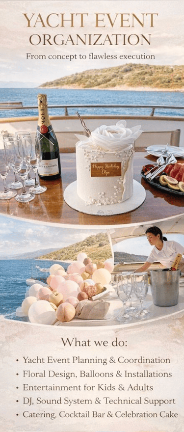 Private yacht birthday celebration setup in Bodrum with cake and decoration