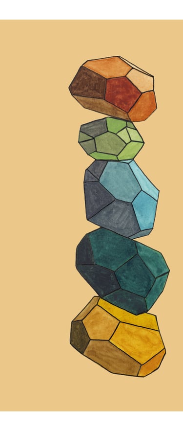 Watercolor illustration of stacked geometric cairn stones in vibrant earth tones.