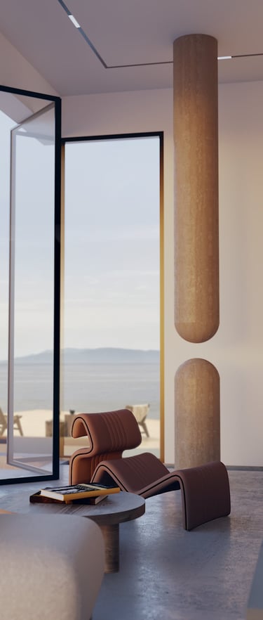 Minimal interior with sculptural column detail, designed by Moori Interiors