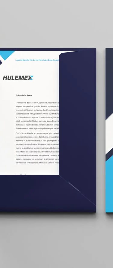 Cartellina Hulemex con documento interno, esempio di identità visiva coordinata.