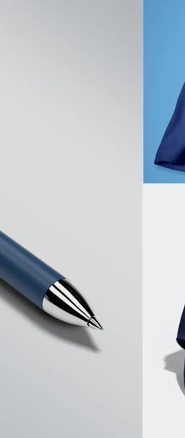 Gadget Hulemex con penna, cappellino e maglietta blu coordinati all’identità visiva.