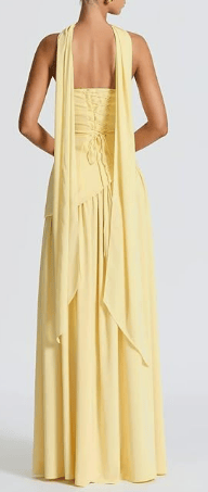 yellow back of the dress with corset tie in back