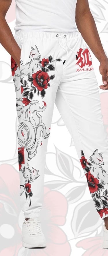 a man in japanese kitsune pants, nine tailed fox pants, kitsune