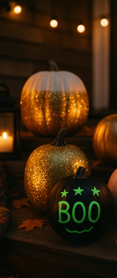Glitter, metallic, and glow-in-the-dark painted pumpkins glowing on a porch with candles and string 
