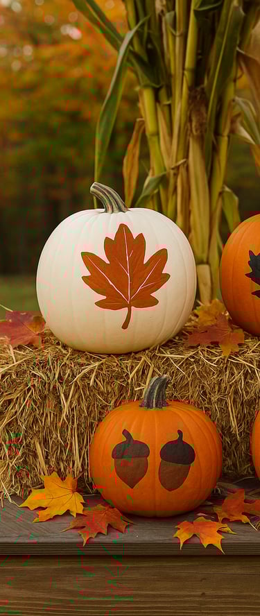 Vertical 2:3 image of pumpkins painted with autumn leaf silhouettes, acorn shapes, and a black tree 