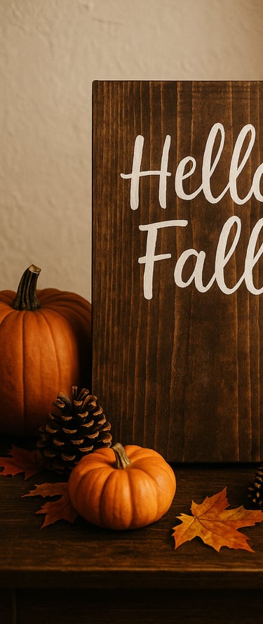 a rustic wooden sign with the words ‘Hello Fall’ painted in white cursive