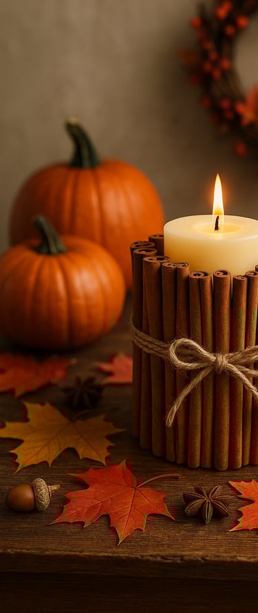 a rustic cinnamon stick candle holder with a cream-colored pillar candle tied with twine