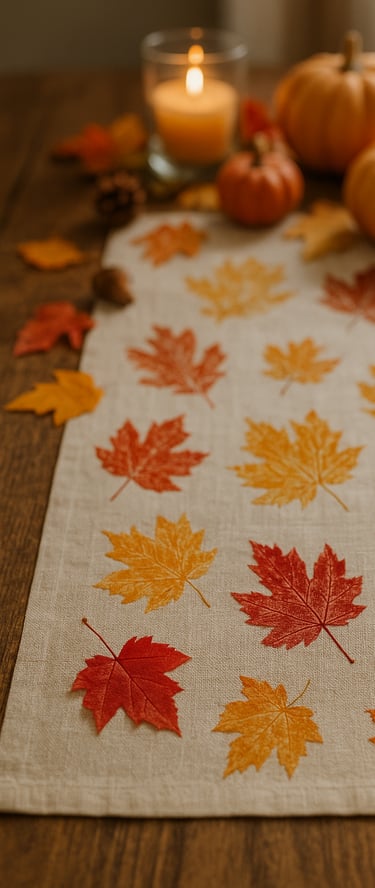 a cream linen table runner decorated with hand-painted autumn leaf prints in red, orange, and gold