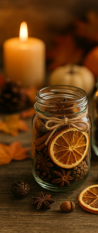 two mason jars filled with dried orange slices, cinnamon sticks, star anise, and pinecones