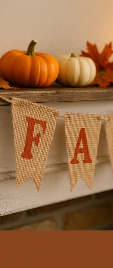 a rustic burlap banner with red-orange letters spelling ‘FALL,’ draped across a white mantel