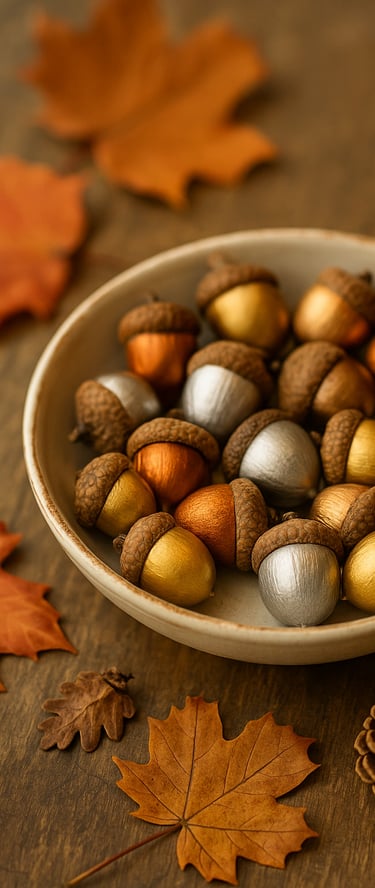 a shallow ceramic bowl filled with acorns painted in metallic gold, copper, bronze, and silver