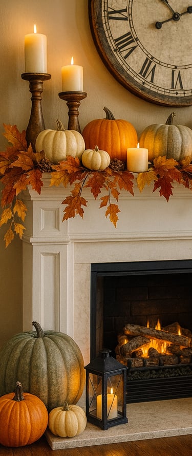 fireplace mantel decorated for fall with layered pumpkins in white, orange, and green tones